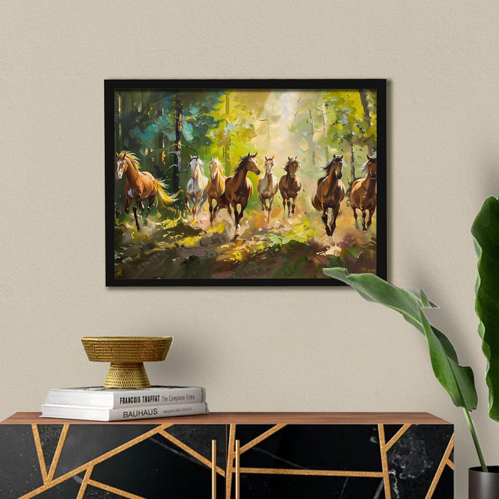 Abstract Wall Art Eight Running Horses Vastu Feng Shui Multicolor | Digital Painting Framed with Engineered Wood Frame (17x23 Inch)