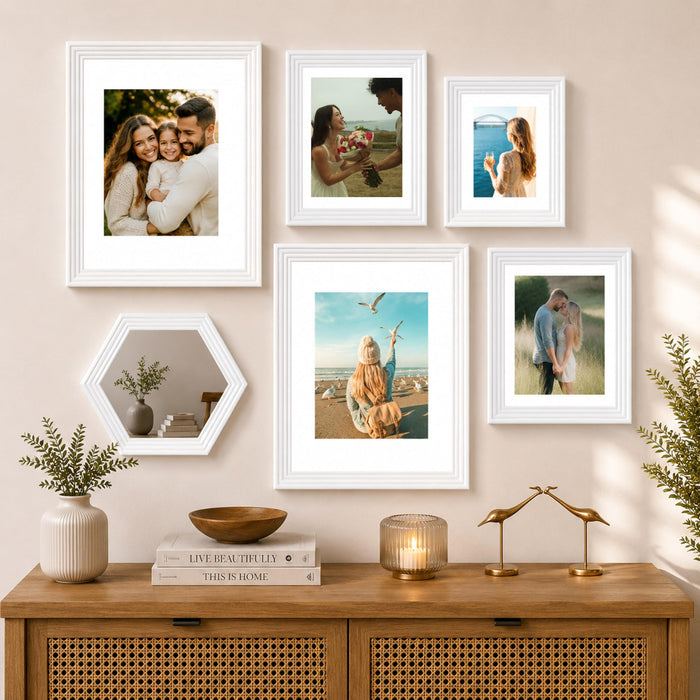 Art Street White Gallery Wall Photo Frame Set with Hexagon Mirror | Modern Collage Timeline Wall Decor for Living Room, Bedroom & Family Memories | Multi Size Frame Set