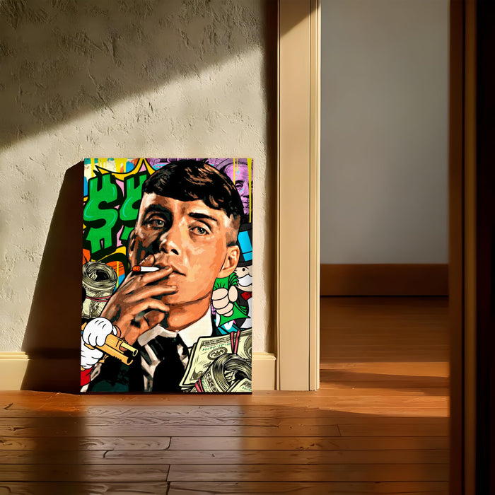 Bold Street Pop Art Gentleman Smoking Stretched Canvas Painting Print| Money & Power Graffiti Wall Art | Modern Luxury Wall Décor for Home & Office, 41x56 cm