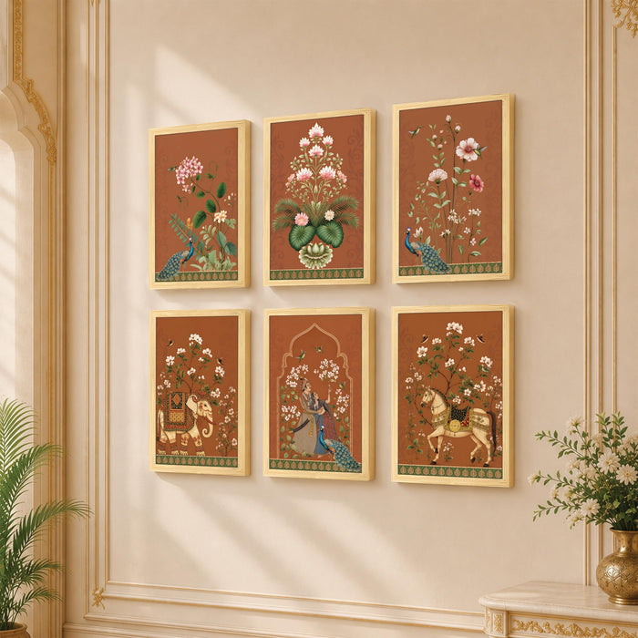 Mughal Rajasthani Folk Wall Art Painting, Traditional Royal Elephant, Horse & Peacock Theme Wooden Framed Wall Art Print for Living Room, Bedroom & Home Decor (Set of 6, 13x9 inch)