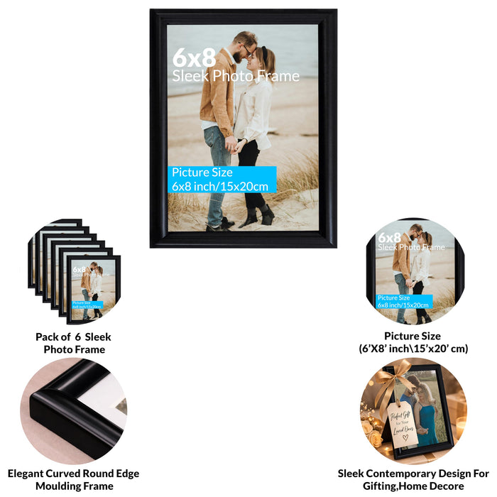 Art Street Picture Photo Frame Set of 6 for Bedroom, Tabletop Frames with Stand, Photo Frames for Couples, Weddings, Home Decor, Portrait or Landscape Display (Black,6x8 Inch)