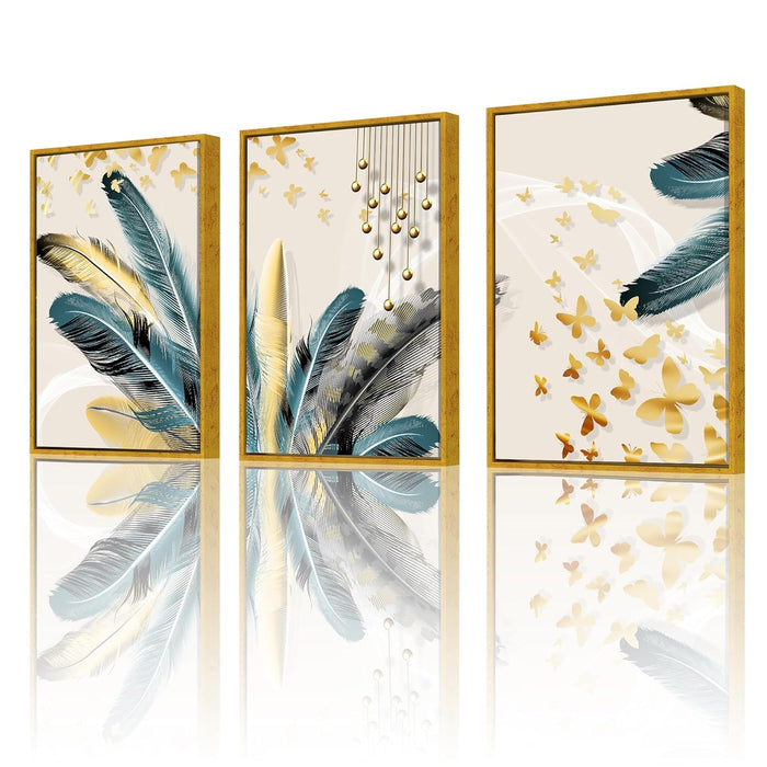 Abstract Golden Leaf Canvas Painting For Home Décor (17x23 Inch, Set Of 3)