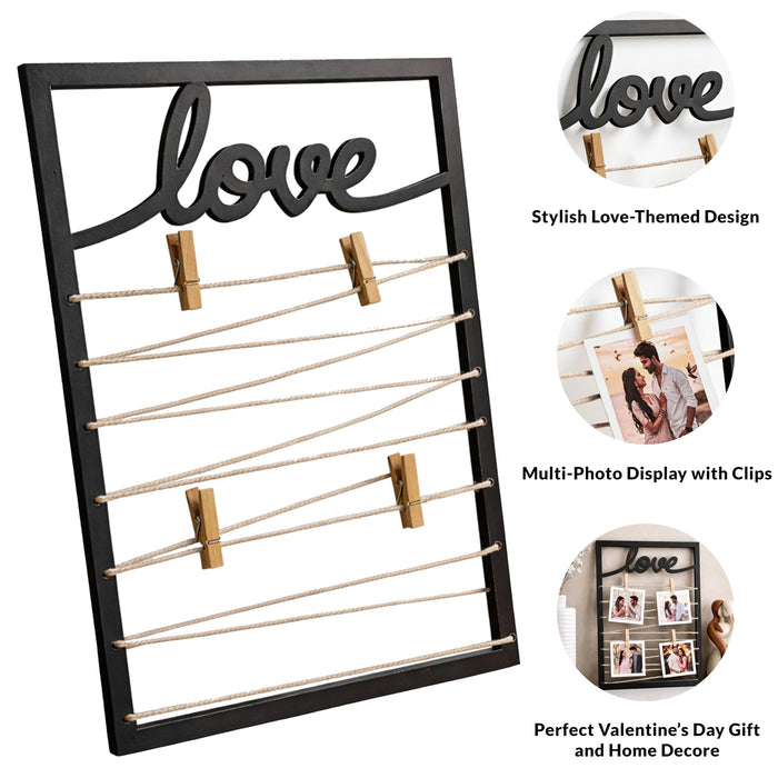 Art Street Love Themed String Photo Frame with Clips, Vertical Wooden Photo Display with Jute Rope 4 Pictures Valentine’s Day Gift Anniversary, Wedding Gift for Couple, Black MDF, 20x30 cm