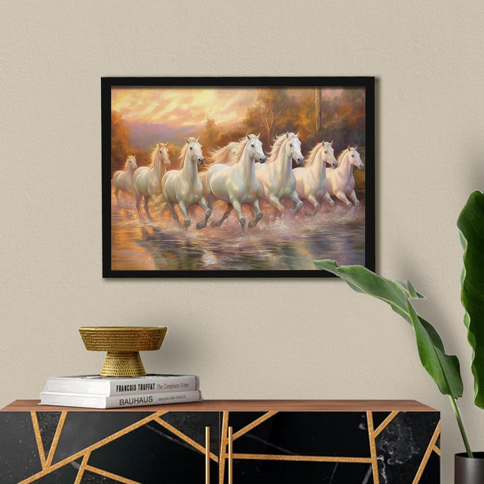 Abstract Wall Art Eight Running Horses Vastu Feng Shui Multicolor | Digital Painting Framed with Engineered Wood Frame (17x23 Inch)