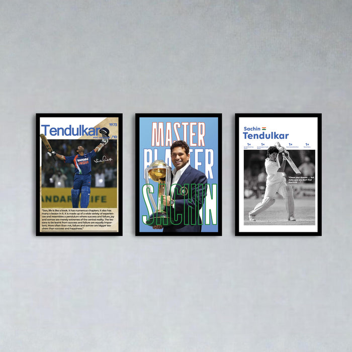 PAINTINGMANTRA Sachin Tendulkar Wall Art | Master Blaster Cricket Posters | Framed Sports Wall Decor for Living Room, Bedroom, Office & Cricket Lovers (13.9x17.6 Inch, Set of 3)