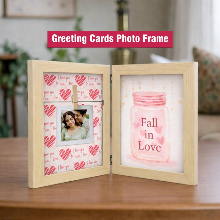 Greeting Card Photo Frame for Couples, Wooden Double Folding Love Photo Frame with Clip, Valentine’s Day Romantic Gift for Boyfriend, Girlfriend, Anniversary Wedding (5.2 x 7.2 Inch, Beige)