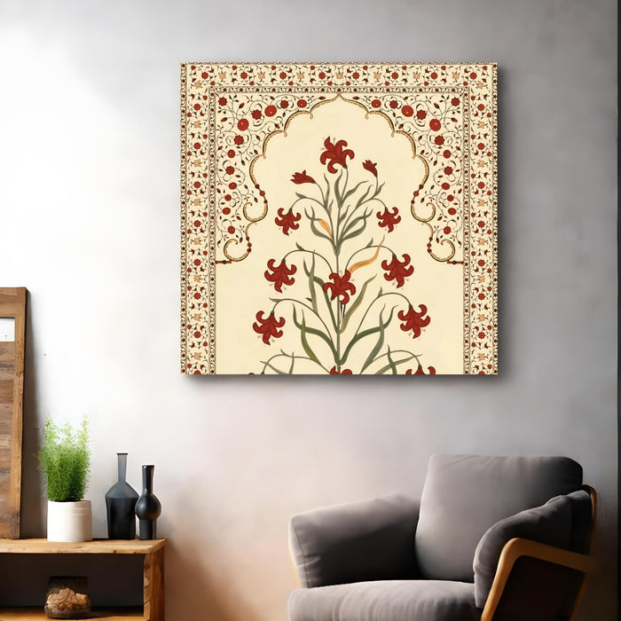 Traditional Indian Mughal Art Stretched Wall Painting for Living Room, Floral Jharokha Design with Crimson Blossoms, Ethnic Decor for Living Room, Office & Home Decor (56xx56 cm)