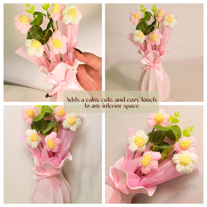 Art Street Handmade Knitted Flower Bouquet with Pink Ribbon Reusable Vase – Artificial Wool Flowers & Eucalyptus Arrangement | Home & Office Table Décor | Gift for Valentine Day