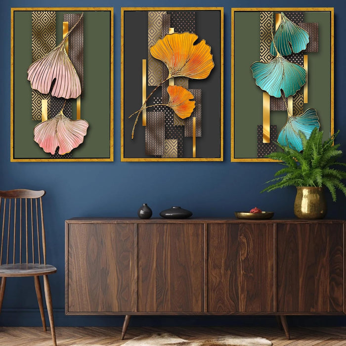 Abstract Golden Leaf Canvas Painting For Home Décor (17x23 Inch, Set Of 3)