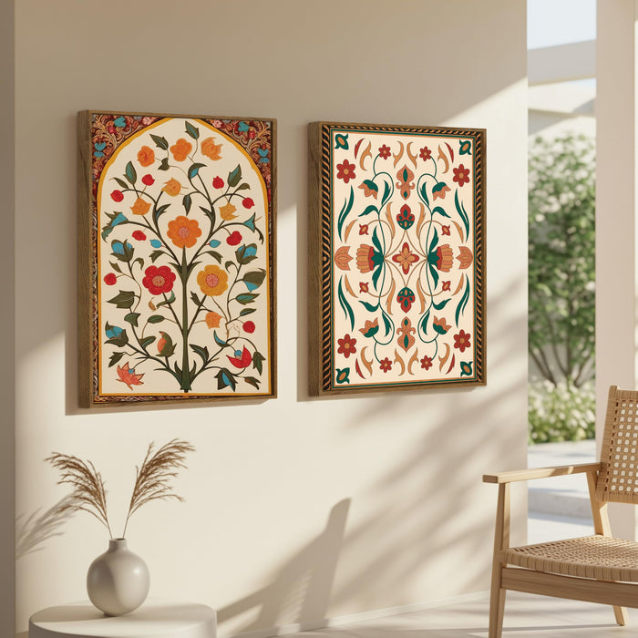 Mughal Floral Motifs Canvas Indian Large Wall Art Painting for Living Room Decoration, Stylish Large Wall Art Print for Wall Decor (Set of 2, 58x89 cm)
