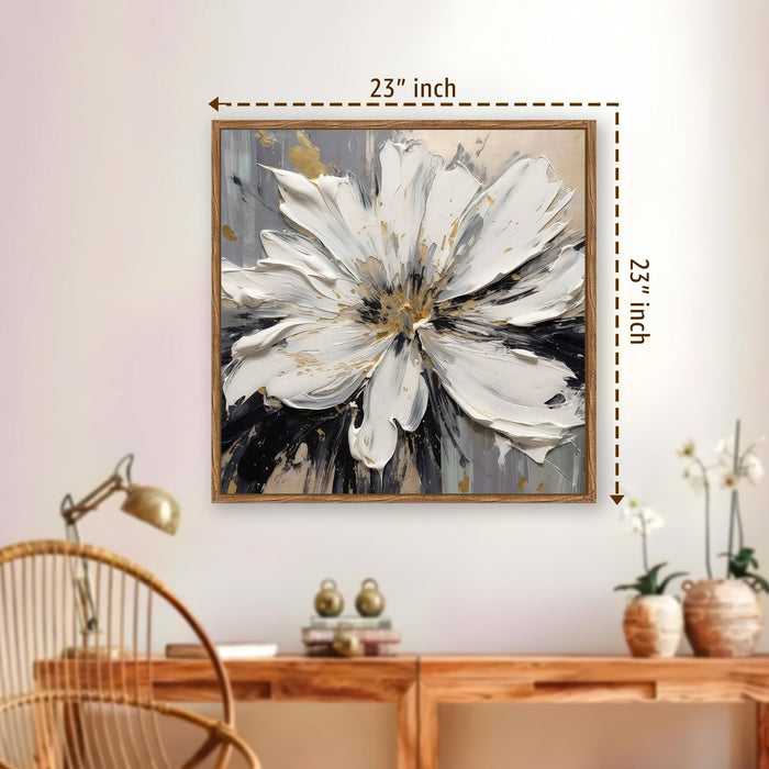 Abstract White Flower Framed Painting For Living Room | Modern Impasto Floral Large Canvas Painting With Frame Wall Art For Bedroom, Hallway's, Office, Hotel, Size 58x58 cm