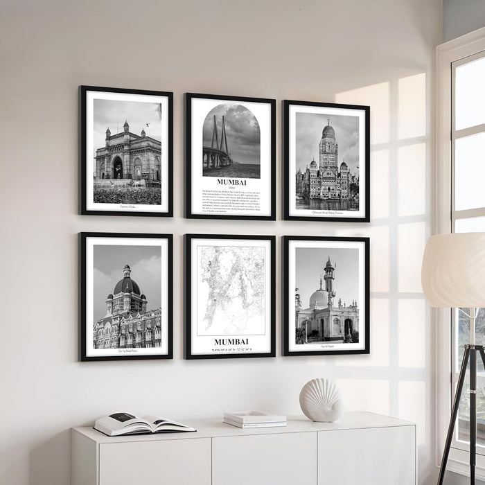 A3 Mumbai Gallery Wall Art Framed Posters, Decorative Art Prints (Size:13x18 Inch, Pack of 6)