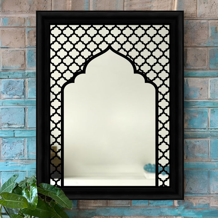 Decorative Acrylic Mirrors with Mughal Design MDF Jali Set of 2 | Two Black Jharokha Wooden Wall Mirror Panel (18x14 Inch)