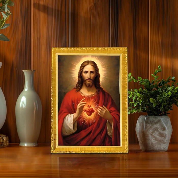 Jesus with Heart Photo Frame for Church, Pooja Room | Divine Christian Deity Wall Art (10x13 Inch)