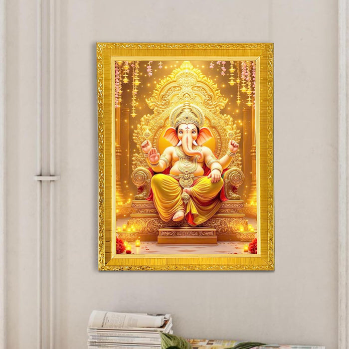 Lord Ganesha Ji Golden Photo Frame for Mandir, Pooja Room | Divine Hindu Deity Wall Art (10x13 Inch)