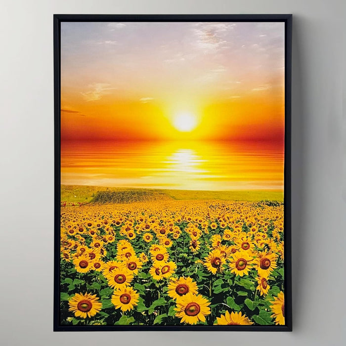 Framed Canvas Art Print with LED Light Canvas Wall Art, Sun and Field of Sunflower Painting with LED Decorative Wall Decor 43x58 cm