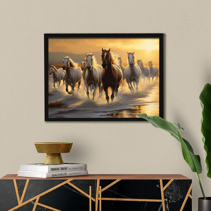Abstract Wall Art Eight Running Horses Vastu Feng Shui Multicolor | Digital Painting Framed with Engineered Wood Frame (17x23 Inch)