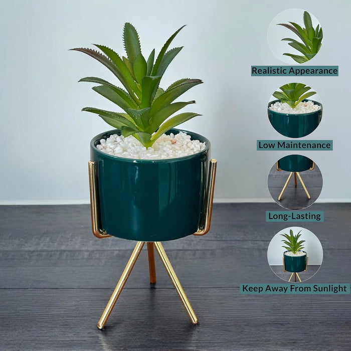 Ceramic Potted Vase Planter with Golden Metal Stand for Table Top (Green, Size: 3x5 Inch)