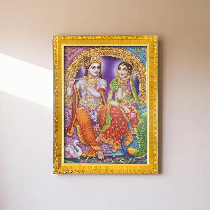 Divine Sri Radha and Krishna Purple Religious Golden Photo Frame Stand able and Wall Hanging (15x20 cm)