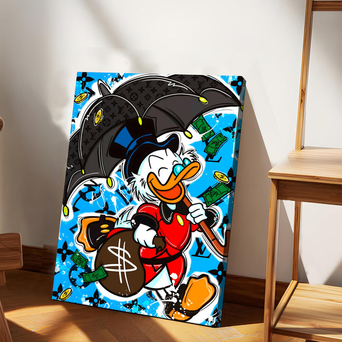 Luxury Cartoon Duck Pop Art Stretched Canvas Painting Print | Money & Success Theme Street Art Wall Décor | Modern Graffiti Style Artwork for Home & Office, 41x56 cm