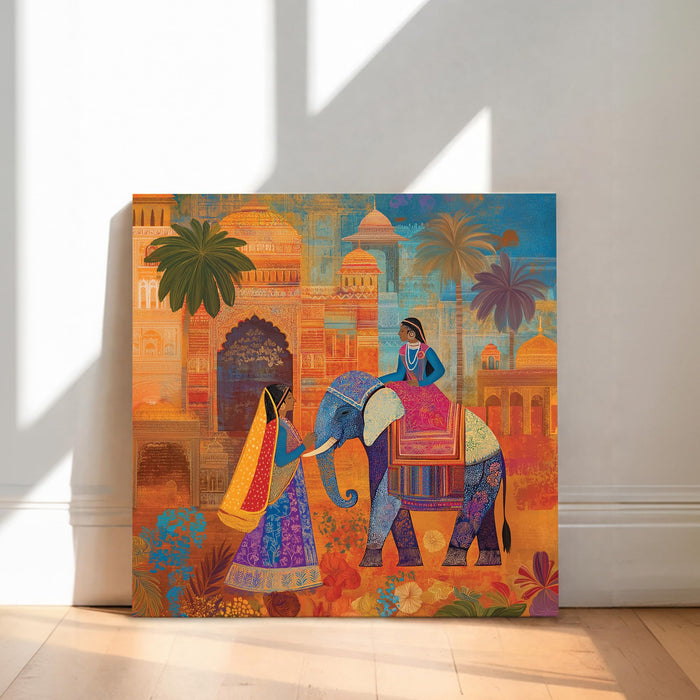 Indian Ethnic Elephant Stretched Canvas Painting For Living Room | Rajasthani Miniature Wall Art Large Canvas Painting For Livingroom Home Decor, Bedroom, Hallway's, Office, Hotel - 86x86 cm