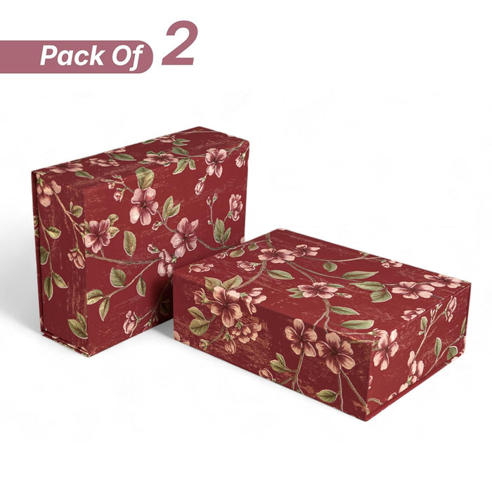 Foldable Cardboard Flowers Printed Hamper Gift Box Set of 2, Multipurpose Gift Hamper Box For Special Occasions, Wedding Gift Packaging (Red, 9x12 inch)