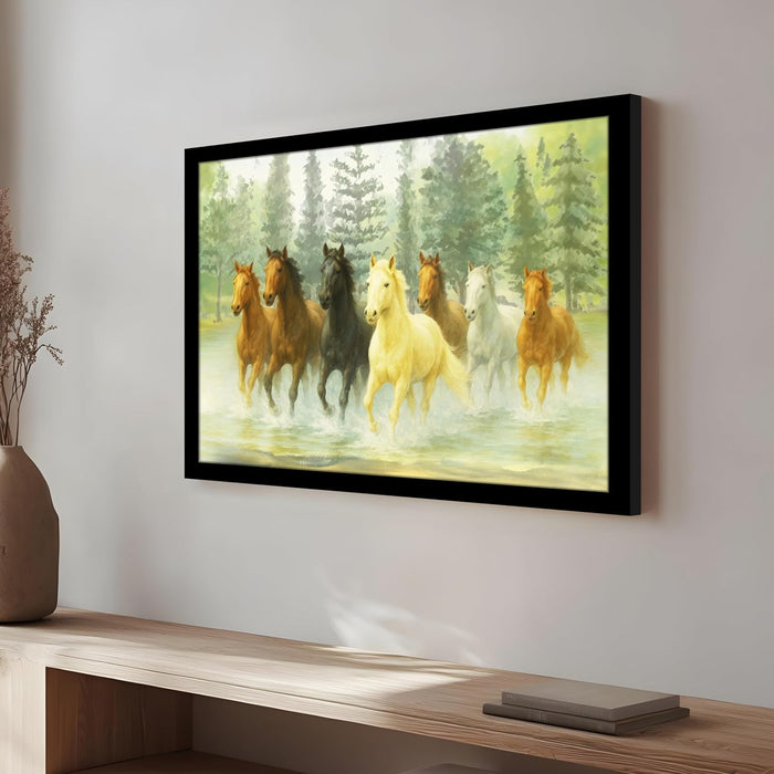 Seven Running Horses Wall Art Vastu Feng Shui Multicolor | Canvas Painting Stretched on Wood | Suits For Vastu-Friendly Place (16x22 Inch)