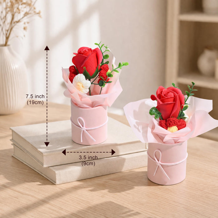 Art Street Artificial Rose & Knitted Daisy Flower Bouquet in Pink Box – Handmade Decorative Floral Arrangement for Home Décor, Office Table, & Anniversary, (Set of 2, 9x19 cm)