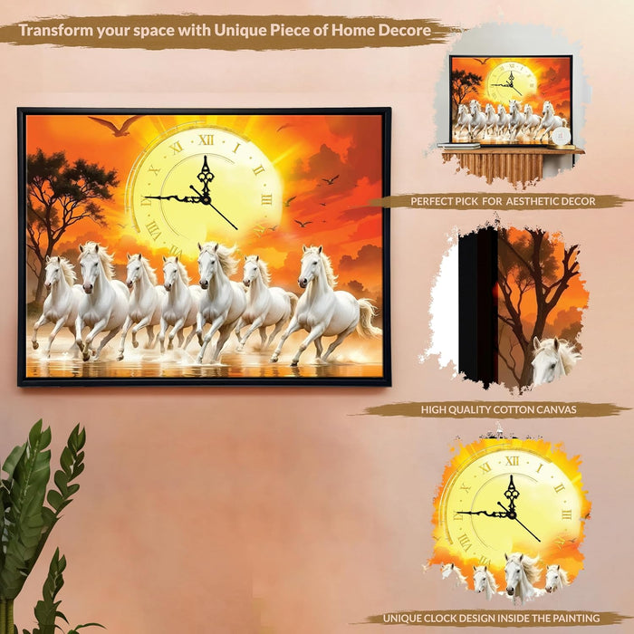 Landscape Abstract Vastu 7 White Running Horses Feng Shui Multicolor Framed Canvas wall art With Clock | Painting with clock | For Vastu Friendly Place, Living room, Bedroom 43x58 cm
