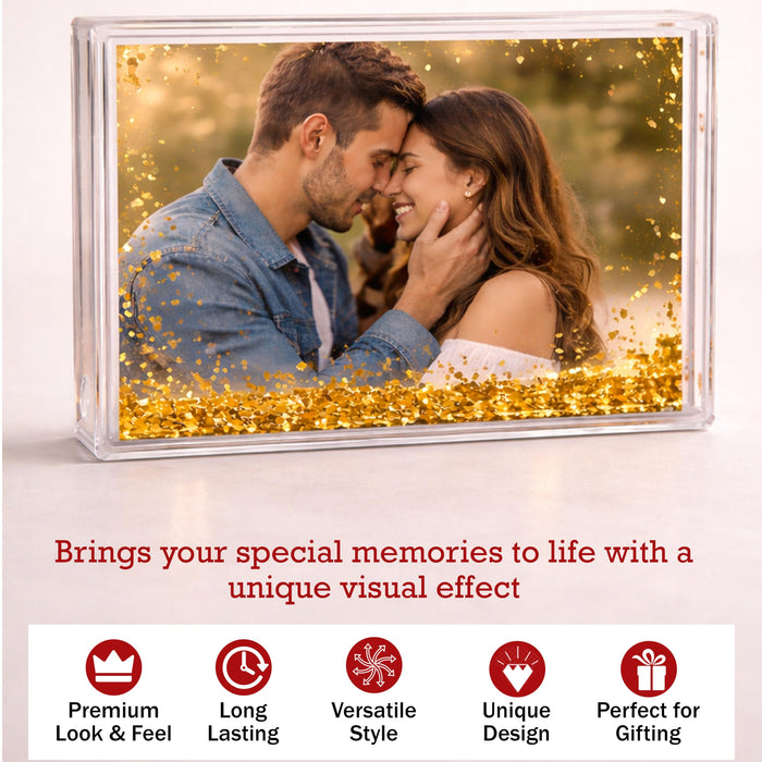 Art Street Customized Golden Glitter Liquid Photo Frame, Desktop Table Frame with Floating Glitter, Acrylic Water Frames for Valentine's Day Gift, Anniversary, Couple Photo Display, 4.2x6 Inch