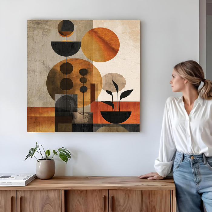 Abstract Sphered Leaf Stretched Canvas Wall Art Painting For Living Room, Modern Minimalist Geometric Painting, Earthy Orange & Brown Botanical Home Decor for Living Room & Office (56xx56 cm)