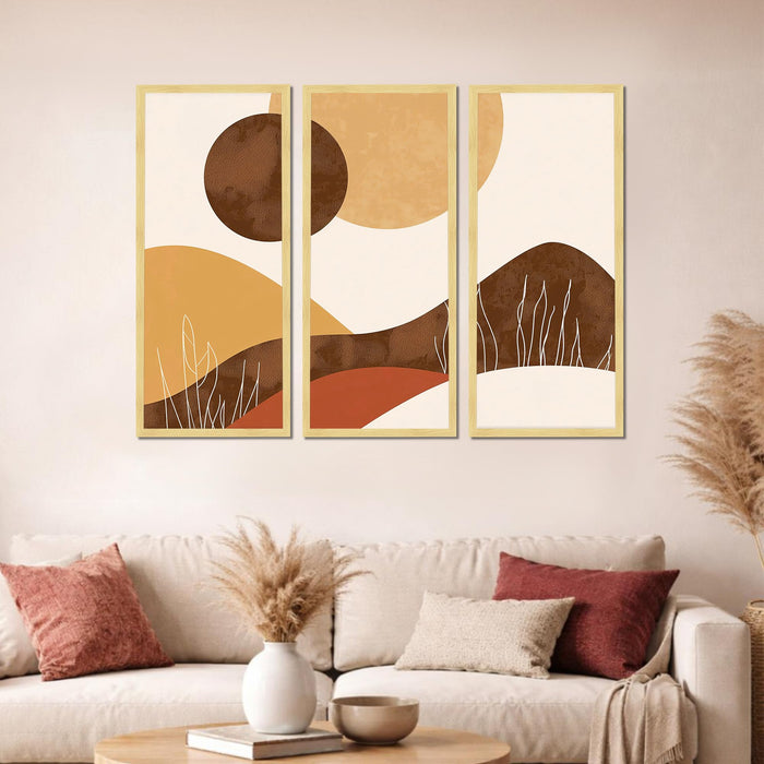Abstract Landscape Framed Wall Art Set of 3 | Modern Boho Geometric Wall Décor | Engineered Wood Frame Prints for Living Room, Bedroom & Office, 8.9x18.9 Inch