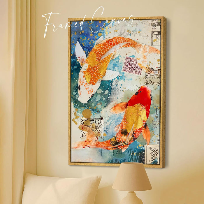 Abstract Traditional Koi Fish Multicolor Painting on Stretched Canvas – Frameless Unframed Gallery Wrap Canvas Wall Art 22x34 Inch