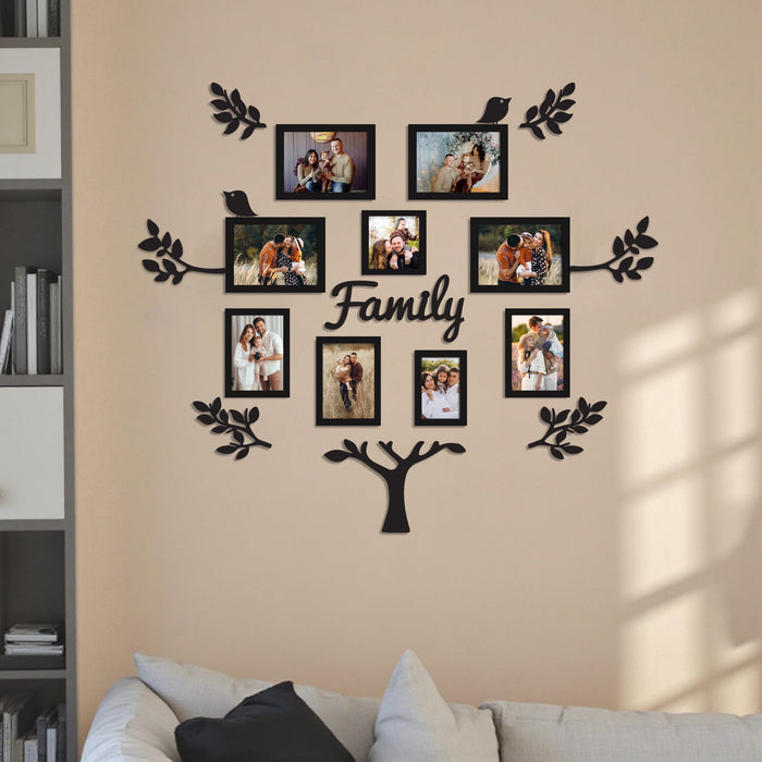 Family Tree Wall Photo Frame Set Pack of 9 with 10 MDF Cutouts for Home Decoration Wall Hanging Photo Frame Collage for Living Room Bedroom