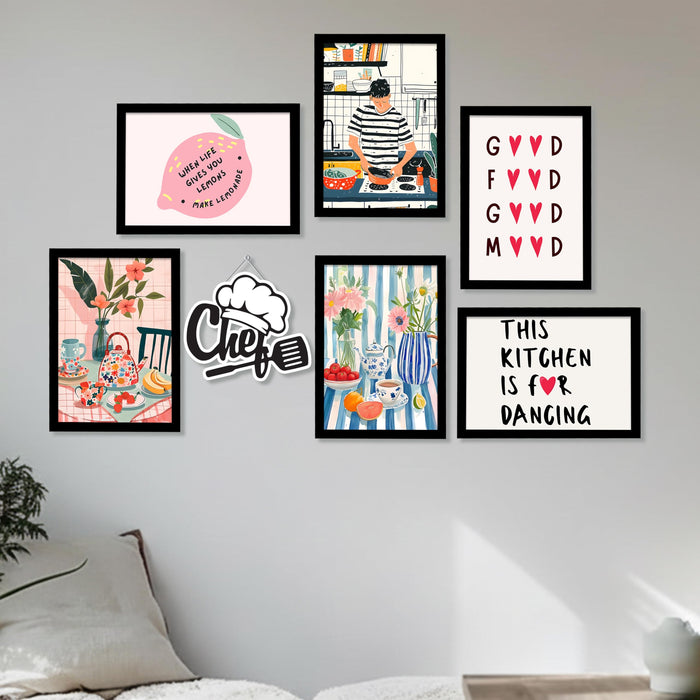 Kitchen Wall Art Framed Painting Modern Food & Quote Painting with Frame Painting for Kitchen, Bar Lounge, Dining & Restaurant Set of 7 (1 MDF wall Hanging) 9x13 Inch