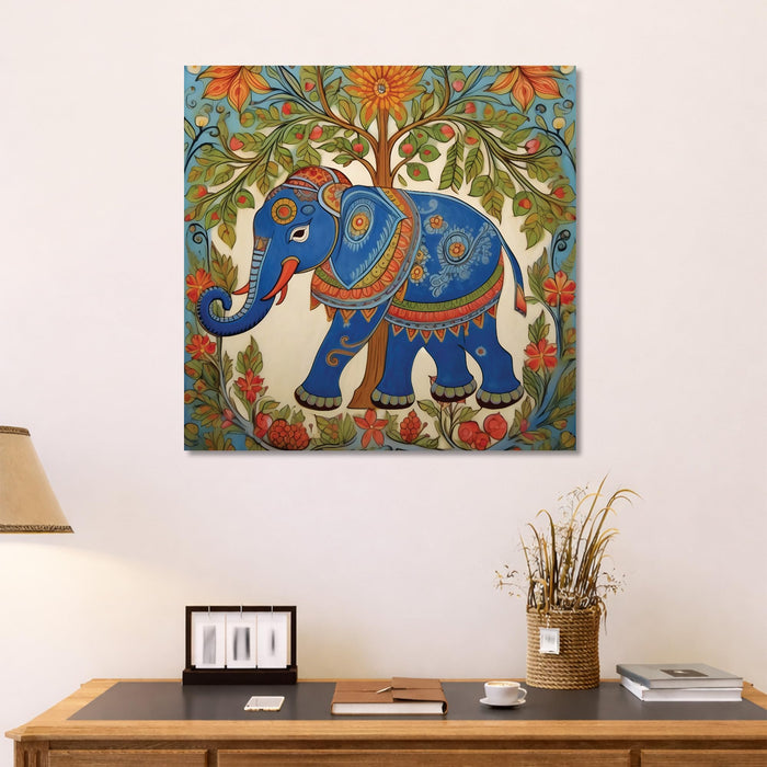 Madhubani Elephant Stretched Canvas Wall Art Painting For Living Room, Traditional Indian Folk Tree of Life Painting With Frame, Ethnic Home Decor for Living Room, Office & Vastu (56xx56 cm)