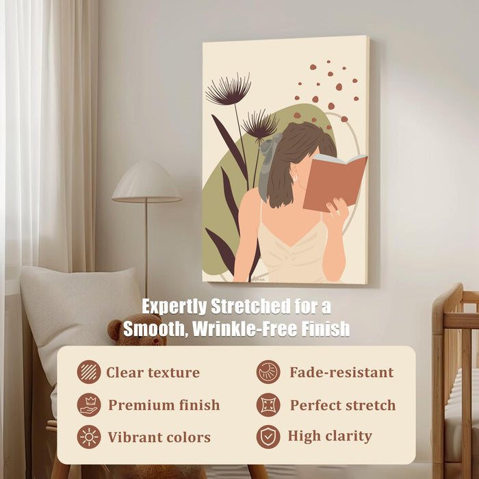 PAINTINGMANTRA Abstract Women Studying floral Stretched Canvas Wall Art Modern Boho Illustration Painting for Home & Office Wall Decor, (16x22 Inch)