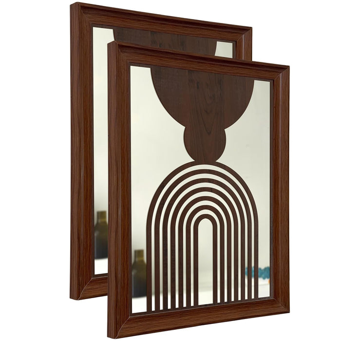 Decorative Acrylic Mirrors with Geometric Abstract Design MDF Jali Set of 2 | Two Brown Jharokha Wooden Wall Mirror Panel (18 x14 Inch)