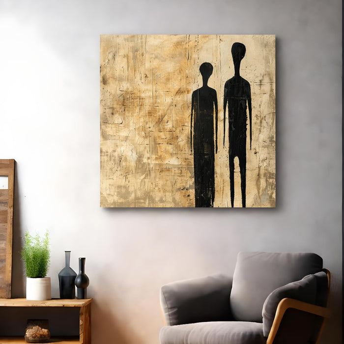 Abstract Minimalist Figures Stretched Canvas Wall Art Painting for Living Room, Modern Giacometti Style Silhouette Painting, Textured Earth Tones in Beige & Black for Office (56xx56 cm)