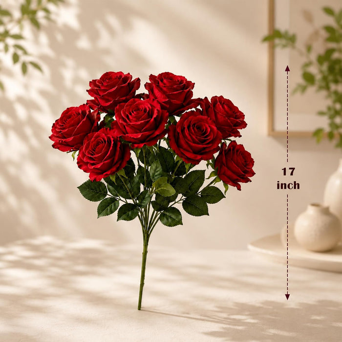 Artificial Red Rose Flower Bunch for Home Decoration | Realistic Silk Rose Bouquet with Green Leaves |