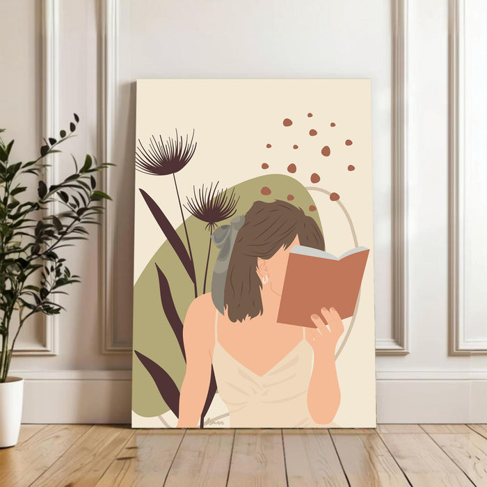 PAINTINGMANTRA Abstract Women Studying floral Stretched Canvas Wall Art Modern Boho Illustration Painting for Home & Office Wall Decor, (16x22 Inch)