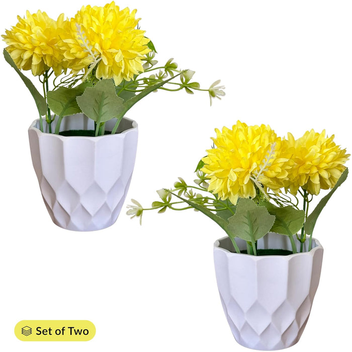 Ceramic Potted Vase Artificial Dhalia, Marigold Flower with Pot for Table Top (Yellow, Size: 3.5x7 Inch)