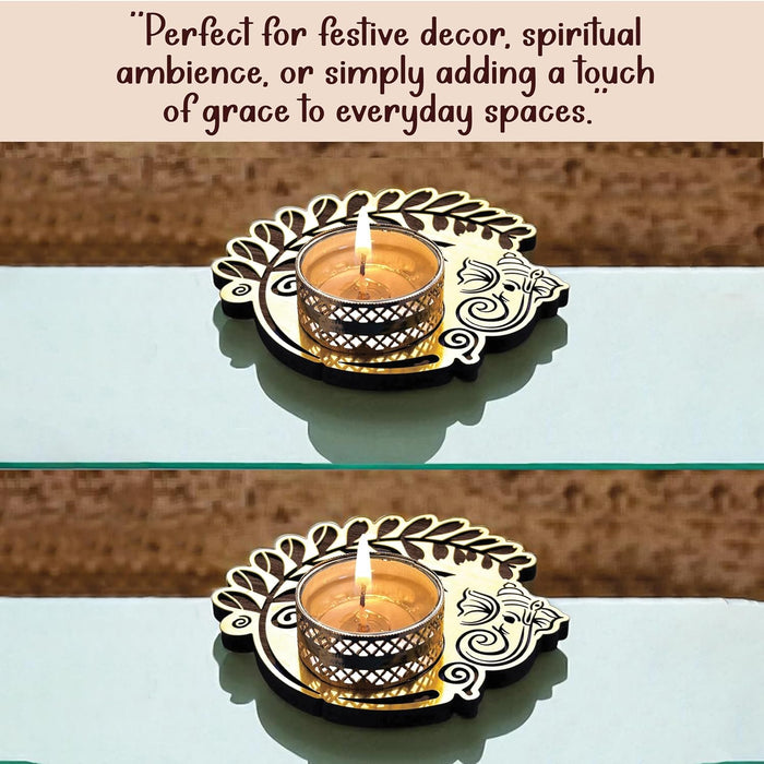 Decorative Diwali Tealight Diya Holders for Home Decoration, Dipawali Décor Items, Diwali Temple Decoration - MDF Wood Tea Light Candle Holder Deity Ganesha Motif Stand –11x11 cm