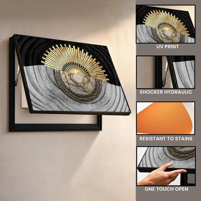 Electric MCB Box Cover Frame With Hydraulic Decorative Painting Gold Textured Sun Painting Electrical Panel box Cover, Switch Box Frame Will Fit Max 10x14 inch Switch Board, Outer Size 13X17 Inch