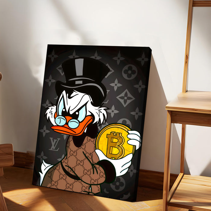 Luxury Money Duck Pop Art Stretched Canvas Painting Print| Cartoon Style Crypto Wealth Wall Art | Modern Graffiti Artwork for Home & Office Décor, 41x56 cm