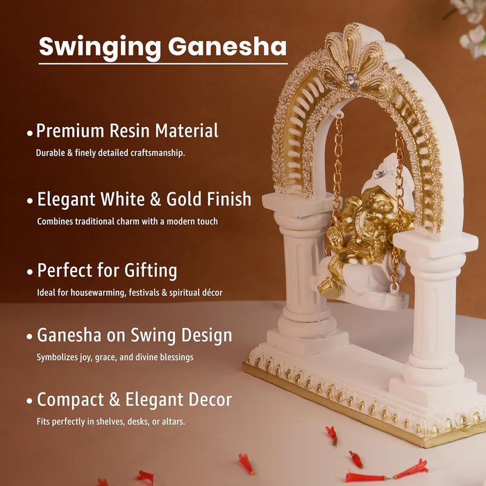 Ganesh Ji Idol for Car Dashboard Home and Pooja Swinging Ganesha Murti Golden and White Ganesh Ji Idols for Gift Mandir Altars Resin Ganesha Statue for Car and Home Height - 23 cm