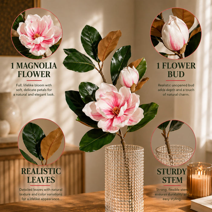 Art Street Artificial Magnolia Flower Stems Pink & White – Realistic Faux Magnolia Branches with Green Leaves for Home Décor, Vase Fillers, Living Room & Wedding Decoration (Set of 2), 34 Inch