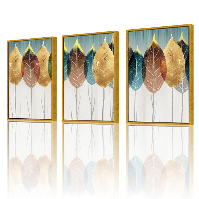 Abstract Golden Leaf Canvas Painting For Home Décor (17x23 Inch, Set Of 3)