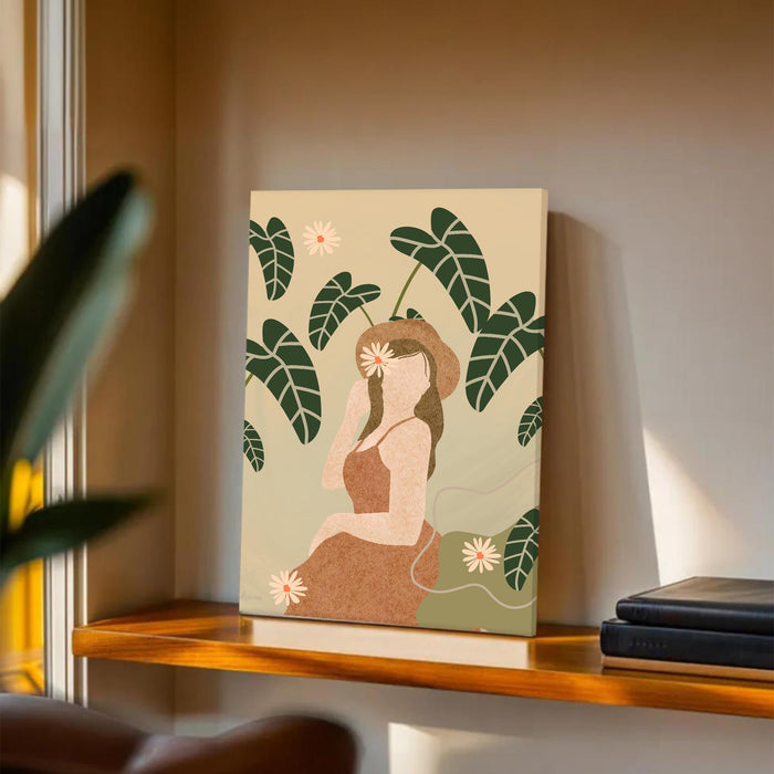 Abstract Women desert botanical Stretched Canvas Wall Art Modern Boho Illustration Painting for Home & Office Wall Decor, (16x22 Inch)
