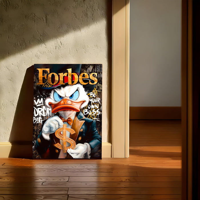 Luxury Cartoon Duck Pop Art Stretched Canvas Painting Print| Money Motivation Street Art Wall Décor | Modern Success-Themed Artwork for Home & Office, 41x56 cm